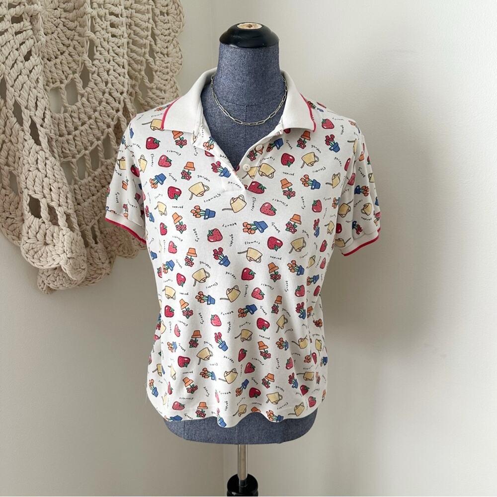 Vintage 90s Gardening Novelty Whimsical Cottage Polo Shirt Large - Picture 1 of 4